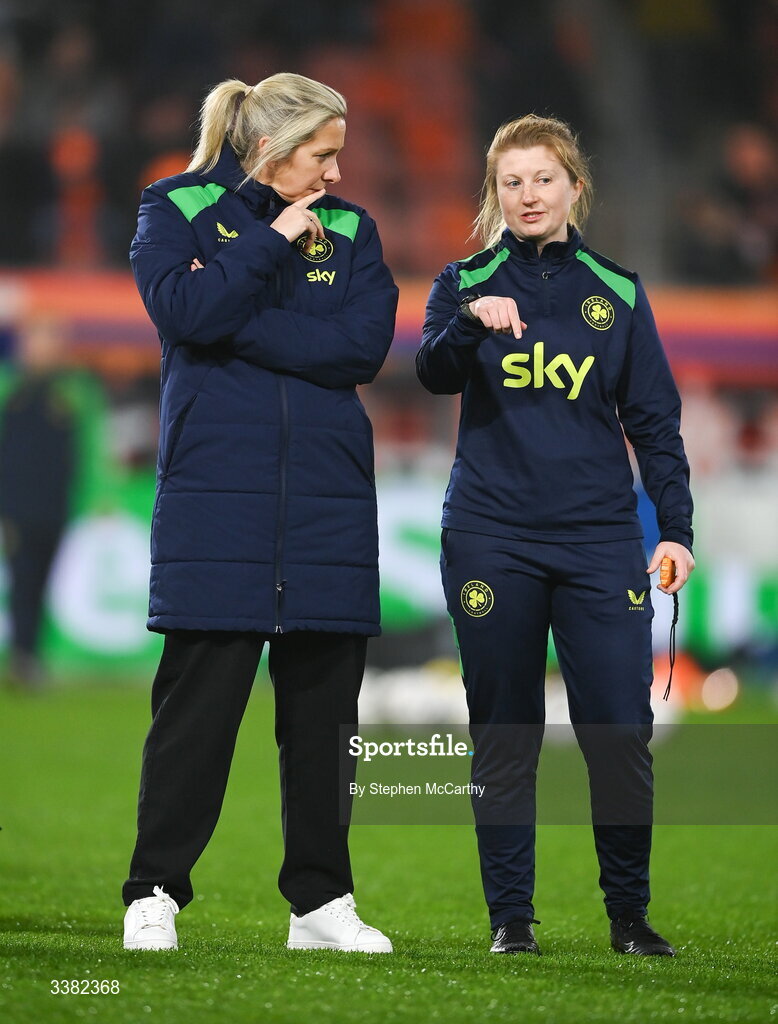 7 March 2026; Republic of Ireland head coach Carla Ward and performance coach Holly Pickett, right, before the 2027 FIFA Women’s World Cup Qualifier match between the Netherlands and Republic of Ireland at Stadion Galgenwaard in Utrecht, Netherlands. Photo by Stephen McCarthy/Sportsfile