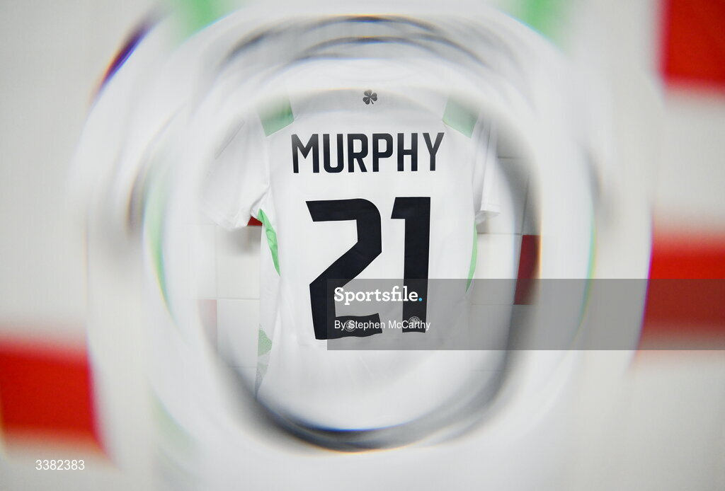 7 March 2026; (EDITOR'S NOTE; This image was created using a special effects camera filter) The jersey of Emily Murphy hangs in the Republic of Ireland dressing room before the 2027 FIFA Women’s World Cup Qualifier match between the Netherlands and Republic of Ireland at Stadion Galgenwaard in Utrecht, Netherlands. Photo by Stephen McCarthy/Sportsfile