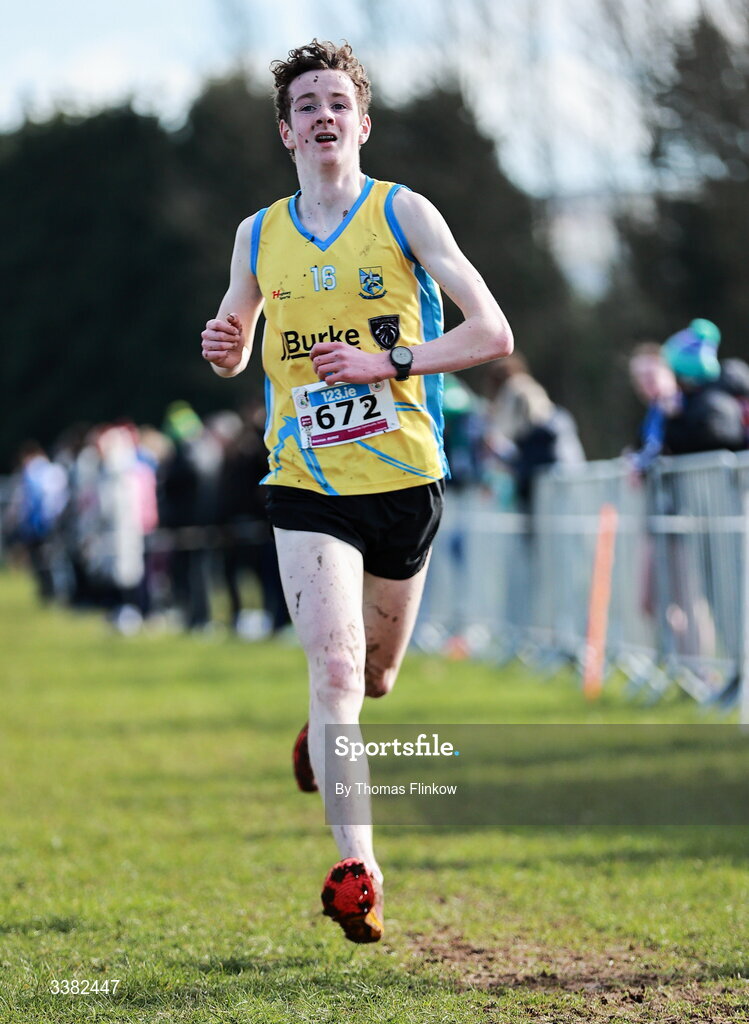 7 March 2026; Seamus Burke of Ballinrobe Community School, Mayo, competes in the inter boys event during the 123.ie All Ireland Schools’ Cross Country Championships at Mallusk Playing Fields in Newtownabbey, Antrim. Photo by Thomas Flinkow/Sportsfile