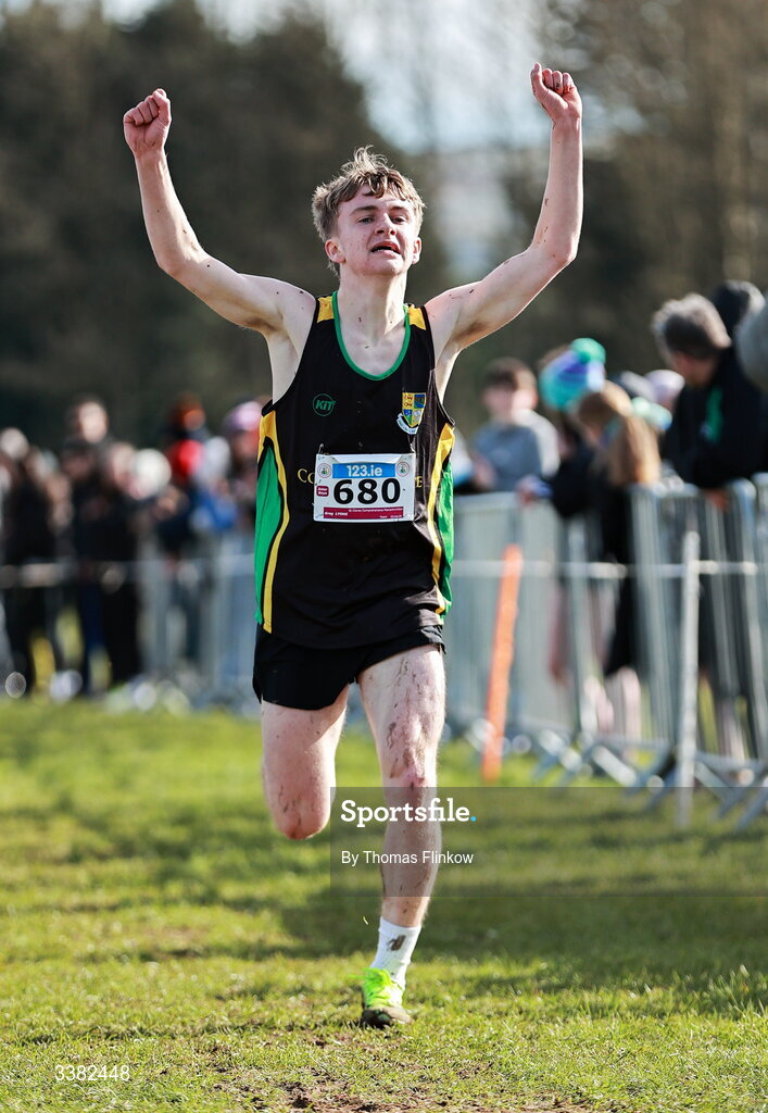 7 March 2026; Greg Lyons of St Clares Comprehensive Manorhamilton, Leitrim, celebrates after finishing the inter boys event during the 123.ie All Ireland Schools’ Cross Country Championships at Mallusk Playing Fields in Newtownabbey, Antrim. Photo by Thomas Flinkow/Sportsfile