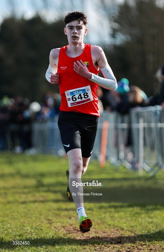 7 March 2026; Senan Lynch of Coachford College, Cork, competes in the inter boys event during the 123.ie All Ireland Schools’ Cross Country Championships at Mallusk Playing Fields in Newtownabbey, Antrim. Photo by Thomas Flinkow/Sportsfile