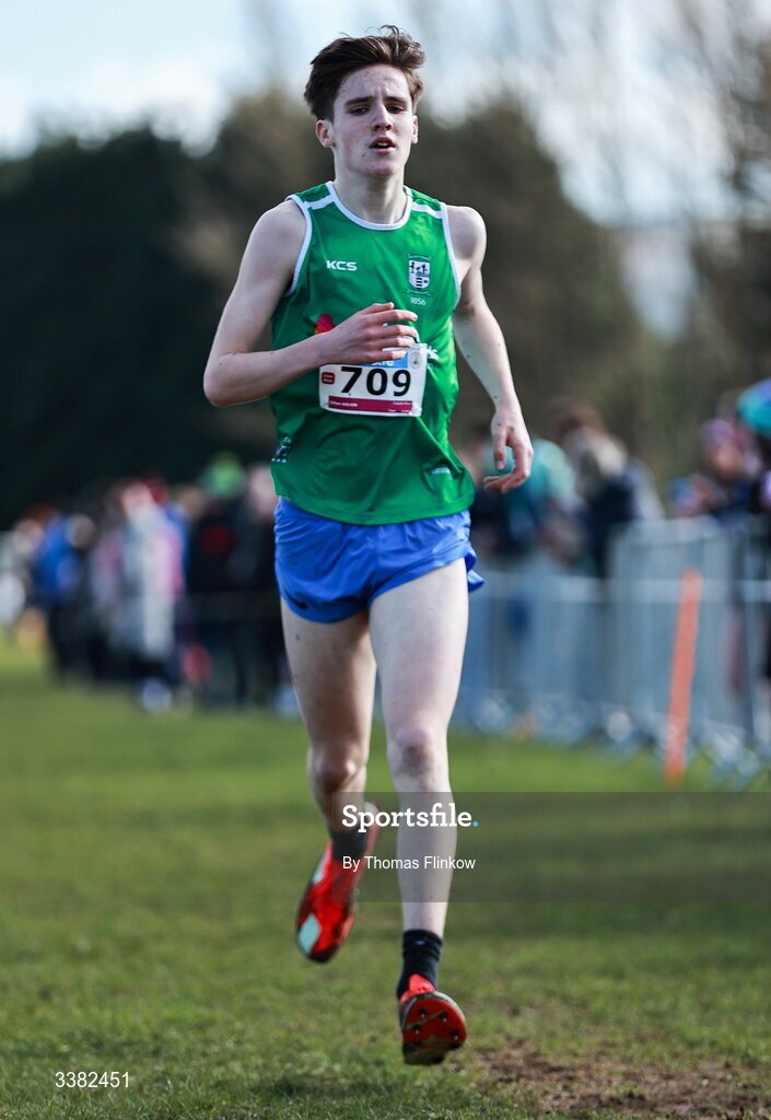 7 March 2026; Cillian Galvin of Colaiste Mhuire, Westmeath, competes in the inter boys event during the 123.ie All Ireland Schools’ Cross Country Championships at Mallusk Playing Fields in Newtownabbey, Antrim. Photo by Thomas Flinkow/Sportsfile