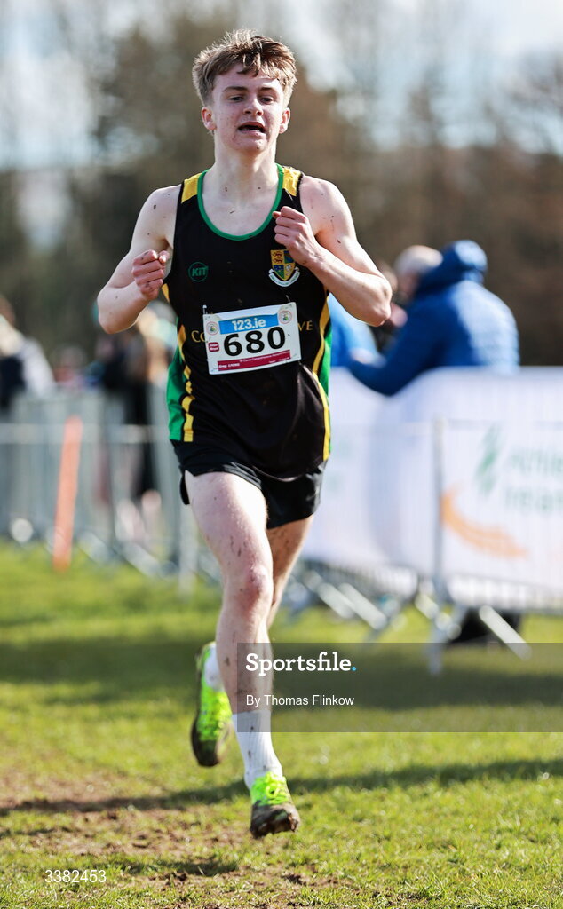 7 March 2026; Greg Lyons of St Clares Comprehensive Manorhamilton, Leitrim, competes in the inter boys event during the 123.ie All Ireland Schools’ Cross Country Championships at Mallusk Playing Fields in Newtownabbey, Antrim. Photo by Thomas Flinkow/Sportsfile