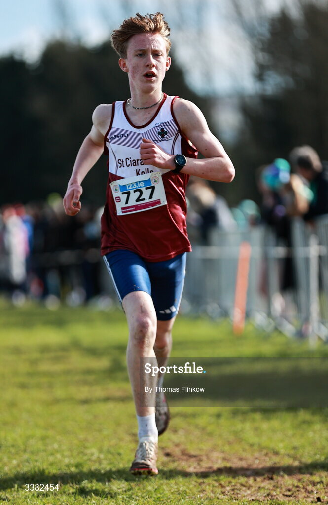 7 March 2026; Daire Beacroft of St. Ciaran's Community School, Meath, competes in the inter boys event during the 123.ie All Ireland Schools’ Cross Country Championships at Mallusk Playing Fields in Newtownabbey, Antrim. Photo by Thomas Flinkow/Sportsfile