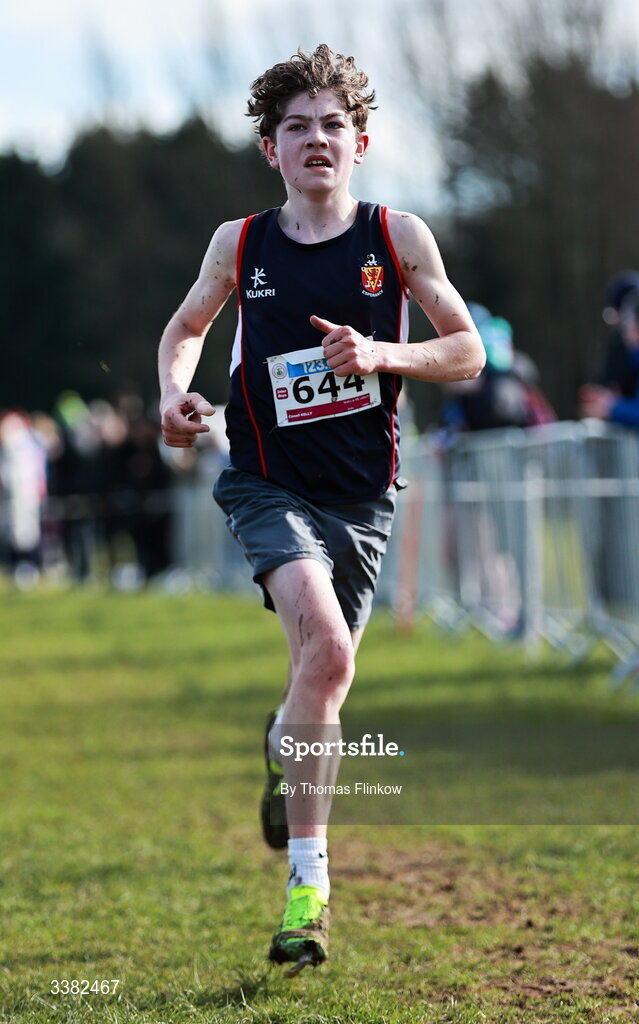7 March 2026; Conall Kelly of Wallace HS Lisburn, Antrim, competes in the inter boys event during the 123.ie All Ireland Schools’ Cross Country Championships at Mallusk Playing Fields in Newtownabbey, Antrim. Photo by Thomas Flinkow/Sportsfile