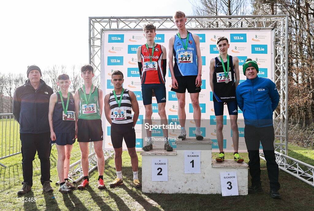 7 March 2026; Inter boys medalists Darragh Whelan of Castletroy College, Limerick, gold, Ruby Devereaux of Pobalscoil na Trionoide, Cork, silver, Adam Noon of Templeogue College, Dublin, bronze, Kyrell Mtinsi of St. Kieran's Kilkenny, fourth, Thomas Coy of St Malachys Belfast, Antrim, fifth, and Sam Redmond of Templeogue College, Dublin, sixth, during the 123.ie All Ireland Schools’ Cross Country Championships at Mallusk Playing Fields in Newtownabbey, Antrim. Photo by Thomas Flinkow/Sportsfile