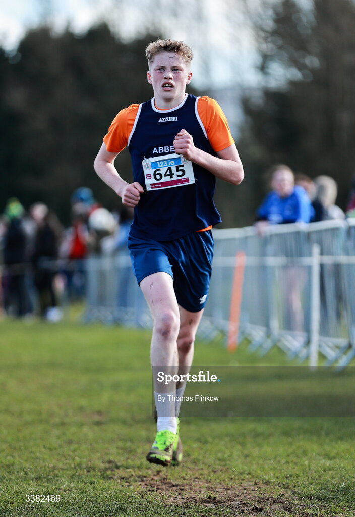 7 March 2026; Zak Fenton of Abbey CC, Waterford, competes in the inter boys event during the 123.ie All Ireland Schools’ Cross Country Championships at Mallusk Playing Fields in Newtownabbey, Antrim. Photo by Thomas Flinkow/Sportsfile