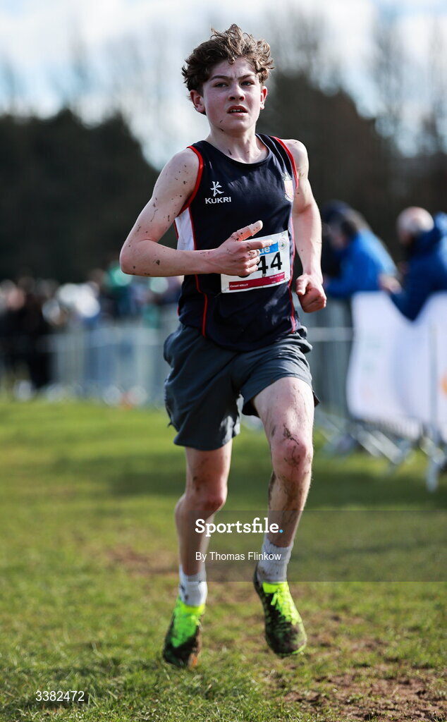 7 March 2026; Conall Kelly of Wallace HS Lisburn, Antrim, competes in the inter boys event during the 123.ie All Ireland Schools’ Cross Country Championships at Mallusk Playing Fields in Newtownabbey, Antrim. Photo by Thomas Flinkow/Sportsfile
