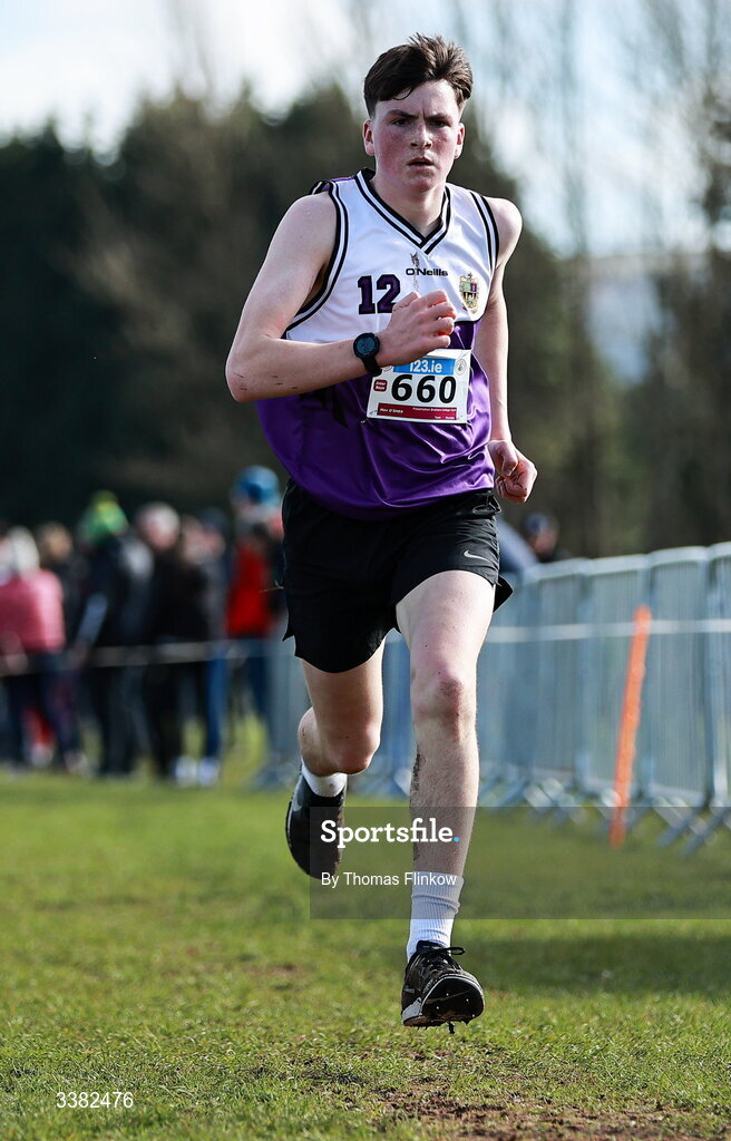 7 March 2026; Max O'Shea  of Presentation Brothers College Cork competes in the inter boys event during the 123.ie All Ireland Schools’ Cross Country Championships at Mallusk Playing Fields in Newtownabbey, Antrim. Photo by Thomas Flinkow/Sportsfile