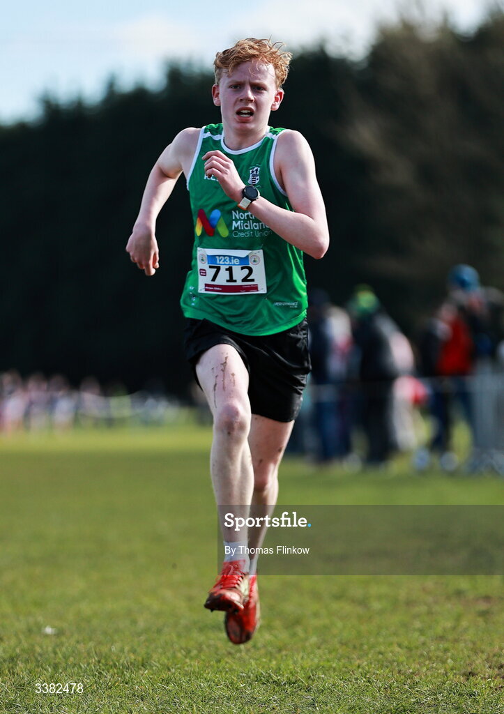 7 March 2026; Morgan Isdell of Colaiste Mhuire, Dublin, competes in the inter boys event during the 123.ie All Ireland Schools’ Cross Country Championships at Mallusk Playing Fields in Newtownabbey, Antrim. Photo by Thomas Flinkow/Sportsfile