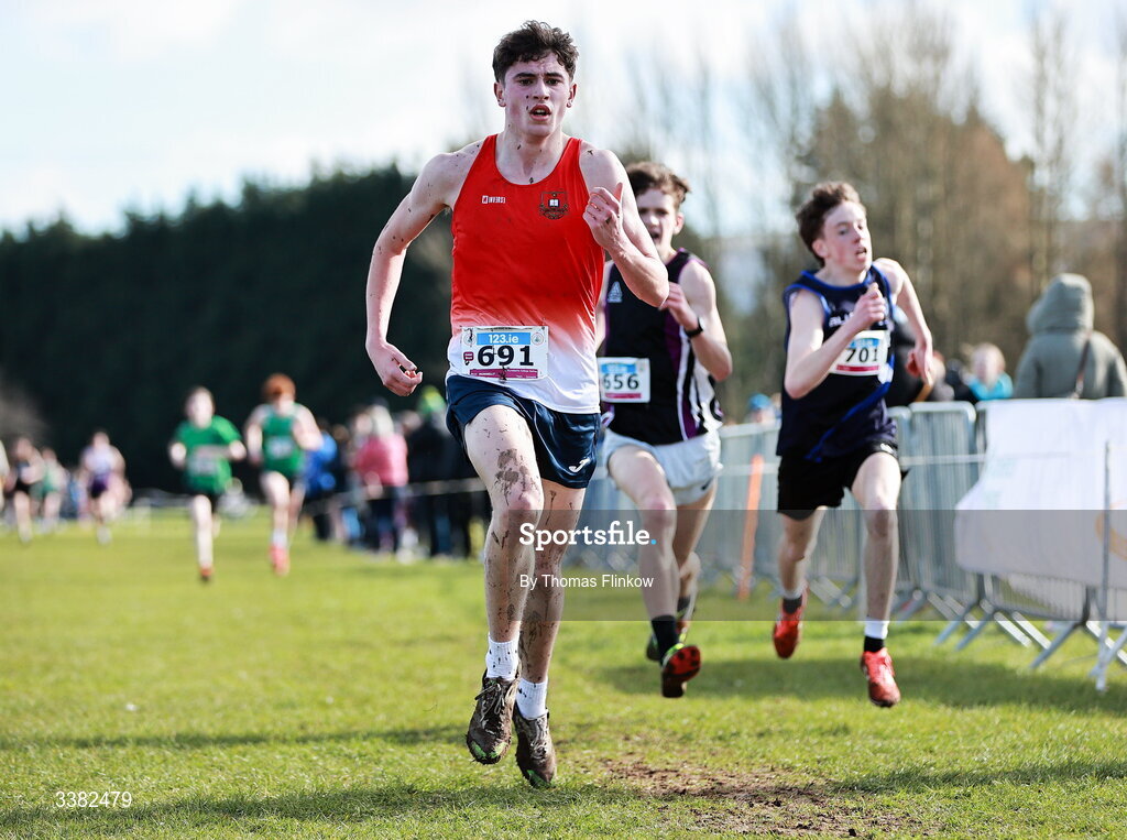 7 March 2026; Tom Munnelly of St Muredachs College Ballina, Mayo, competes in the inter boys event during the 123.ie All Ireland Schools’ Cross Country Championships at Mallusk Playing Fields in Newtownabbey, Antrim. Photo by Thomas Flinkow/Sportsfile