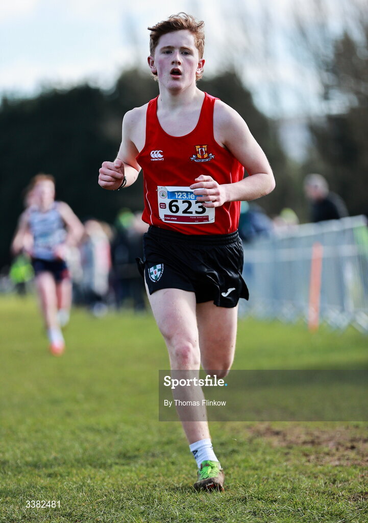 7 March 2026; Caleb Lewis of Friends' School Lisburn, Antrim, competes in the inter boys event during the 123.ie All Ireland Schools’ Cross Country Championships at Mallusk Playing Fields in Newtownabbey, Antrim. Photo by Thomas Flinkow/Sportsfile