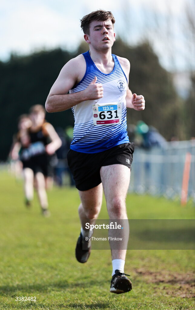 7 March 2026; Oisin Sands of St Colmans Newry, Antrim, competes in the inter boys event during the 123.ie All Ireland Schools’ Cross Country Championships at Mallusk Playing Fields in Newtownabbey, Antrim. Photo by Thomas Flinkow/Sportsfile
