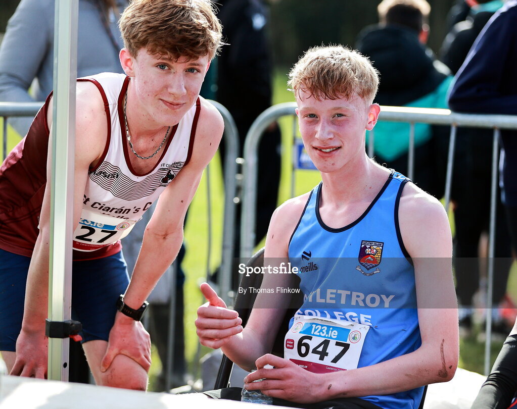 7 March 2026; Darragh Whelan of Castletroy College, Limerick, right, with Daire Beacroft of St. Ciaran's Community School, Meath, after winning the inter boys event during the 123.ie All Ireland Schools’ Cross Country Championships at Mallusk Playing Fields in Newtownabbey, Antrim. Photo by Thomas Flinkow/Sportsfile