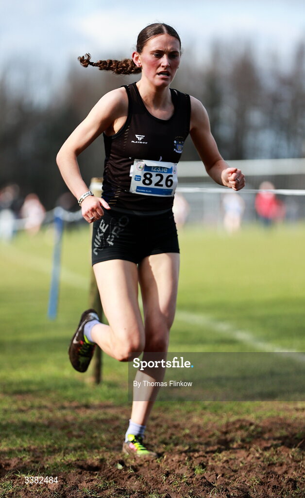 7 March 2026; Dearbhla Allen of St. Mary's College, Kildare, competes in the senior girls event during the 123.ie All Ireland Schools’ Cross Country Championships at Mallusk Playing Fields in Newtownabbey, Antrim. Photo by Thomas Flinkow/Sportsfile