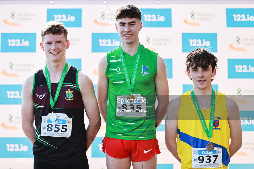 7 March 2026; Senior boys medallists, Caolan McFadden of Loreto Milford, Donegal, gold, centre, Odhrán McBrearty of St. Columba's Stranorlar, Donegal, silver, left, and Lorcan Forde Dunne of St. Mary's Diocesan School, Louth, bronze, right, during the 123.ie All Ireland Schools’ Cross Country Championships at Mallusk Playing Fields in Newtownabbey, Antrim. Photo by Thomas Flinkow/Sportsfile