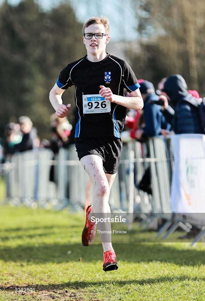 7 March 2026; Cameron Fallon of Blackrock College, Dublin, competes in the senior boys event during the 123.ie All Ireland Schools’ Cross Country Championships at Mallusk Playing Fields in Newtownabbey, Antrim. Photo by Thomas Flinkow/Sportsfile