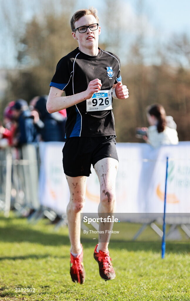7 March 2026; Cameron Fallon of Blackrock College, Dublin, competes in the senior boys event during the 123.ie All Ireland Schools’ Cross Country Championships at Mallusk Playing Fields in Newtownabbey, Antrim. Photo by Thomas Flinkow/Sportsfile