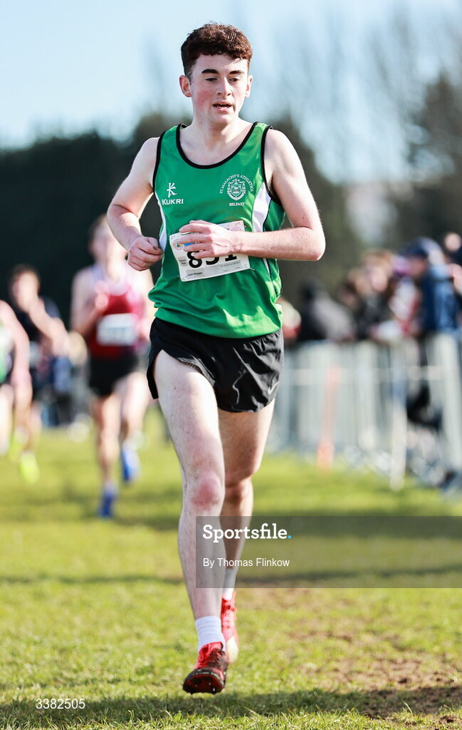 7 March 2026; Jude McGann of St Malachys Belfast, Antrim, competes in the senior boys event during the 123.ie All Ireland Schools’ Cross Country Championships at Mallusk Playing Fields in Newtownabbey, Antrim. Photo by Thomas Flinkow/Sportsfile