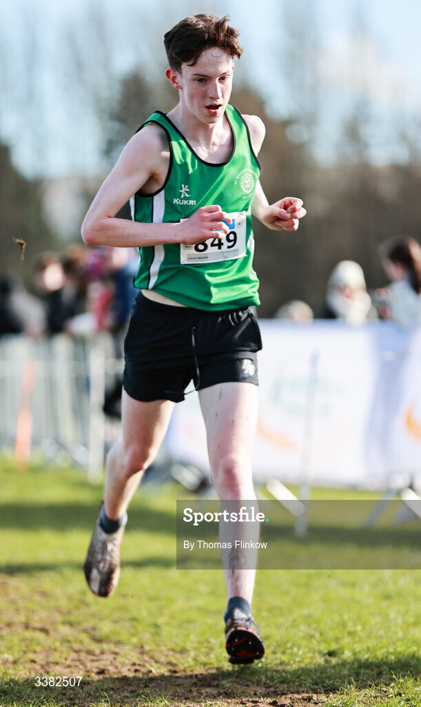 7 March 2026; Lorcan McCann of St Malachys Belfast, Antrim, competes in the senior boys event during the 123.ie All Ireland Schools’ Cross Country Championships at Mallusk Playing Fields in Newtownabbey, Antrim. Photo by Thomas Flinkow/Sportsfile