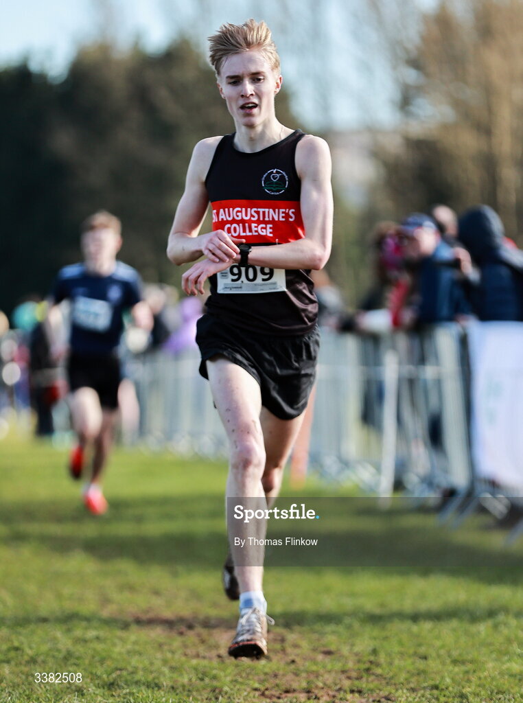 7 March 2026; Noah Commins of St Augustine's College, Waterford, competes in the senior boys event during the 123.ie All Ireland Schools’ Cross Country Championships at Mallusk Playing Fields in Newtownabbey, Antrim. Photo by Thomas Flinkow/Sportsfile
