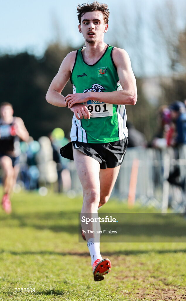 7 March 2026; Marin Frugier of Limerick Educate Together SS, competes in the senior boys event during the 123.ie All Ireland Schools’ Cross Country Championships at Mallusk Playing Fields in Newtownabbey, Antrim. Photo by Thomas Flinkow/Sportsfile