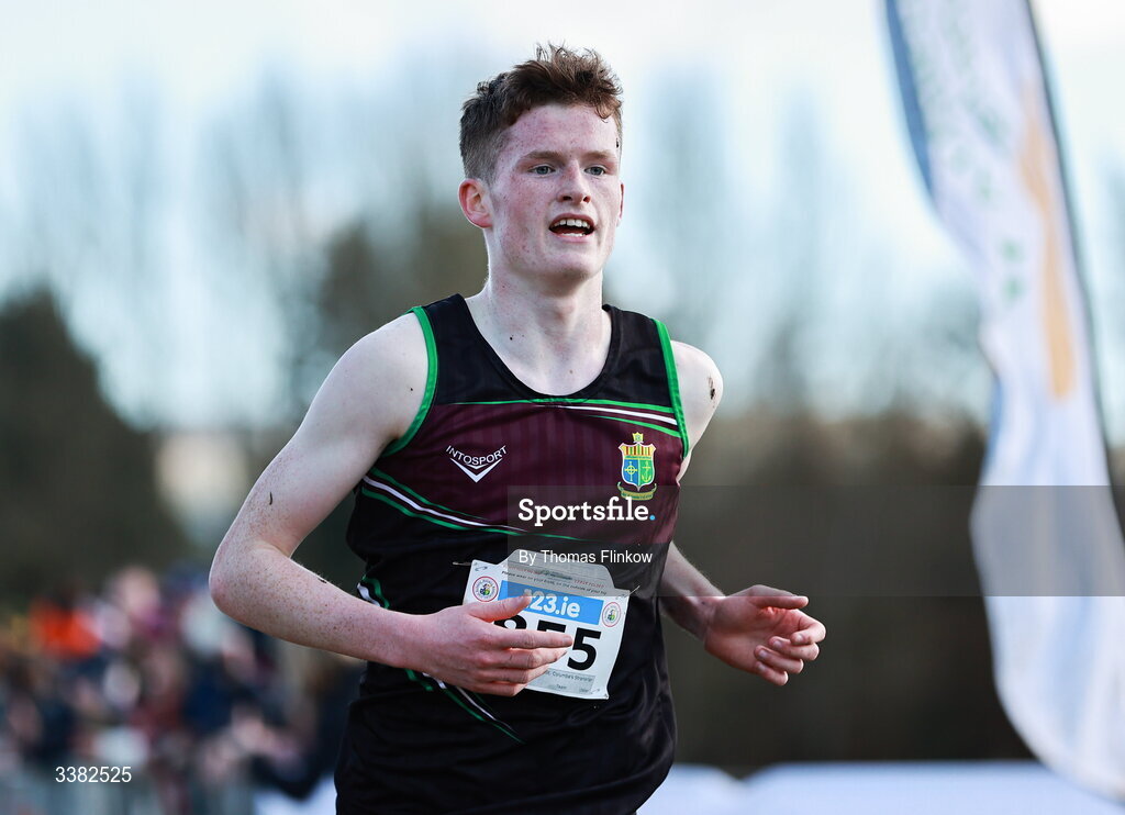 7 March 2026; Odhrán McBrearty of St. Columba's Stranorlar, Donegal, on his way to finishing second in the senior boys event during the 123.ie All Ireland Schools’ Cross Country Championships at Mallusk Playing Fields in Newtownabbey, Antrim. Photo by Thomas Flinkow/Sportsfile