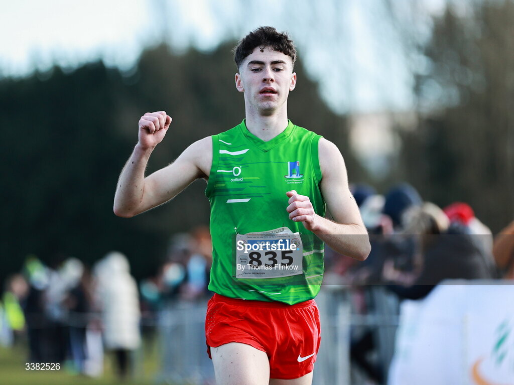 7 March 2026; Caolan McFadden of Loreto Milford, Donegal, on his way to winning the senior boys event during the 123.ie All Ireland Schools’ Cross Country Championships at Mallusk Playing Fields in Newtownabbey, Antrim. Photo by Thomas Flinkow/Sportsfile