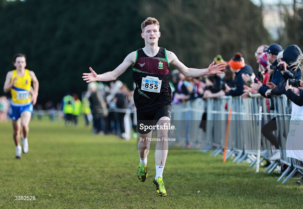 7 March 2026; Odhrán McBrearty of St. Columba's Stranorlar, Donegal, on his way to finishing second in the senior boys event during the 123.ie All Ireland Schools’ Cross Country Championships at Mallusk Playing Fields in Newtownabbey, Antrim. Photo by Thomas Flinkow/Sportsfile