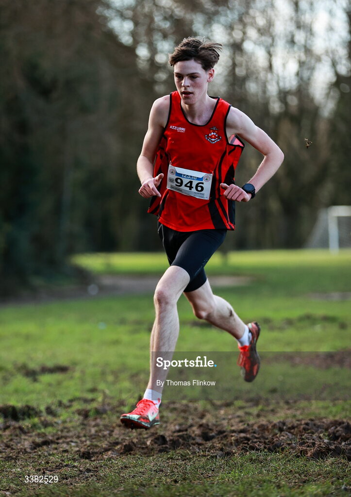 7 March 2026; Ewan Kennedy of The High School, Dublin, competes in the senior boys event during the 123.ie All Ireland Schools’ Cross Country Championships at Mallusk Playing Fields in Newtownabbey, Antrim. Photo by Thomas Flinkow/Sportsfile
