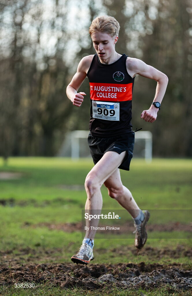 7 March 2026; Noah Commins of St Augustine's College, Dublin, competes in the senior boys event during the 123.ie All Ireland Schools’ Cross Country Championships at Mallusk Playing Fields in Newtownabbey, Antrim. Photo by Thomas Flinkow/Sportsfile