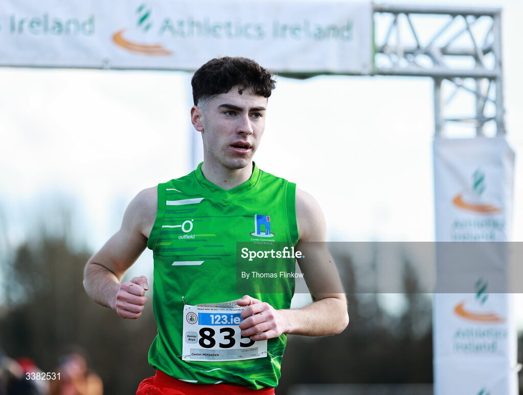 7 March 2026; Caolan McFadden of Loreto Milford, Donegal, on his way to winning the senior boys event during the 123.ie All Ireland Schools’ Cross Country Championships at Mallusk Playing Fields in Newtownabbey, Antrim. Photo by Thomas Flinkow/Sportsfile