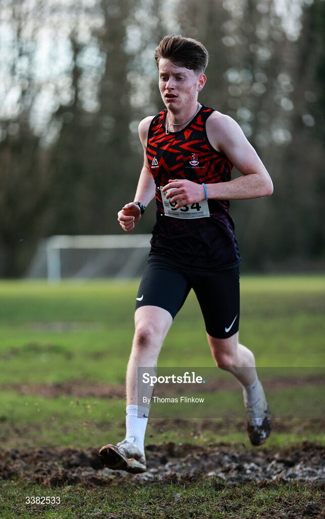 7 March 2026; Rhys Johnson of Pipers Hill College Naas Co. Kildare competes in the senior boys event during the 123.ie All Ireland Schools’ Cross Country Championships at Mallusk Playing Fields in Newtownabbey, Antrim. Photo by Thomas Flinkow/Sportsfile