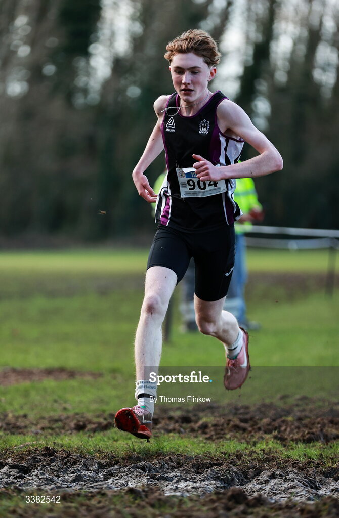 7 March 2026; Andrew Hinds of Presentation Brothers College Cork competes in the senior boys event during the 123.ie All Ireland Schools’ Cross Country Championships at Mallusk Playing Fields in Newtownabbey, Antrim. Photo by Thomas Flinkow/Sportsfile