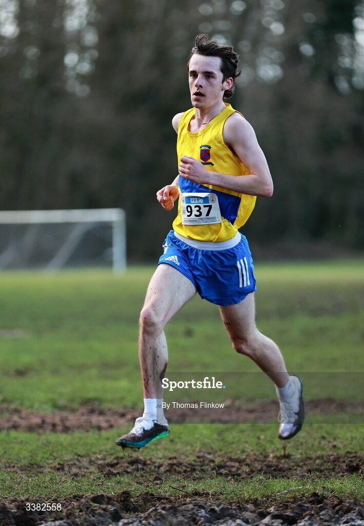 7 March 2026; Lorcan Forde Dunne of St. Mary's Diocesan School, Louth, competes in the senior boys event during the 123.ie All Ireland Schools’ Cross Country Championships at Mallusk Playing Fields in Newtownabbey, Antrim. Photo by Thomas Flinkow/Sportsfile