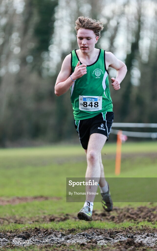 7 March 2026; Tadhg Mac Manais of St Malachys Belfast, Antrim, competes in the senior boys event during the 123.ie All Ireland Schools’ Cross Country Championships at Mallusk Playing Fields in Newtownabbey, Antrim. Photo by Thomas Flinkow/Sportsfile