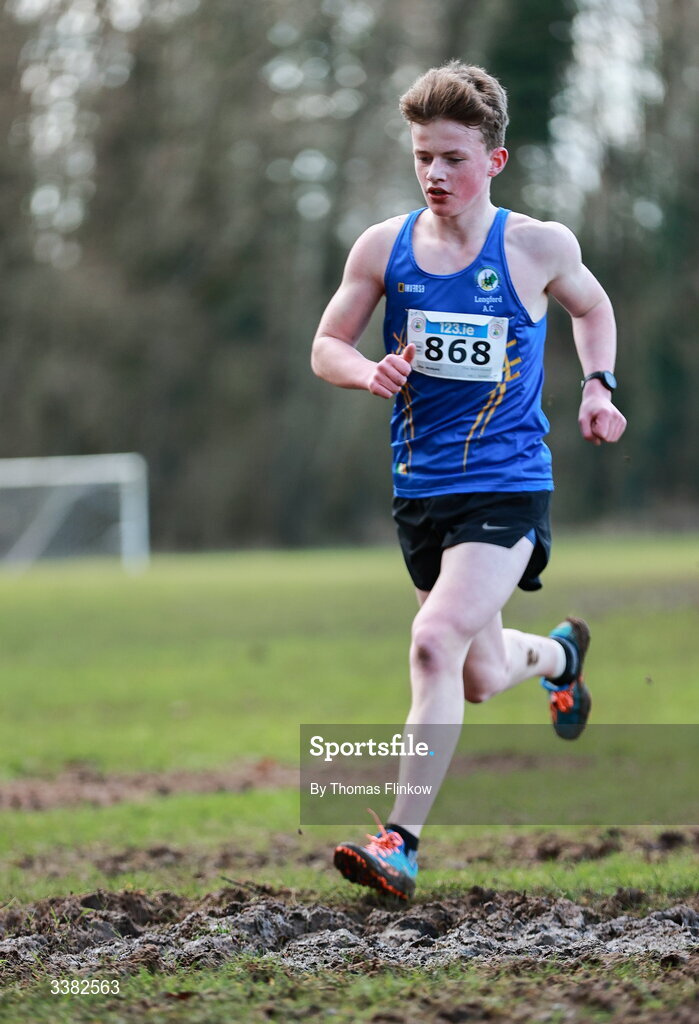 7 March 2026; Eoin Morgan of Cnoc Mhuire Granard, Longford, competes in the senior boys event during the 123.ie All Ireland Schools’ Cross Country Championships at Mallusk Playing Fields in Newtownabbey, Antrim. Photo by Thomas Flinkow/Sportsfile