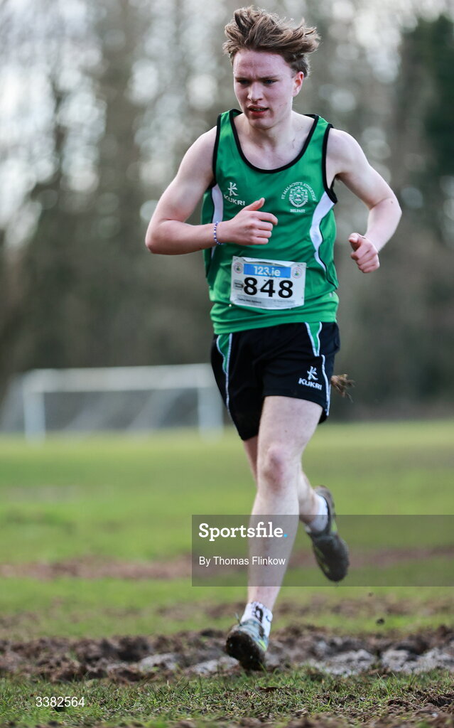 7 March 2026; Tadhg Mac Manais of St Malachys Belfast, Antrim, competes in the senior boys event during the 123.ie All Ireland Schools’ Cross Country Championships at Mallusk Playing Fields in Newtownabbey, Antrim. Photo by Thomas Flinkow/Sportsfile