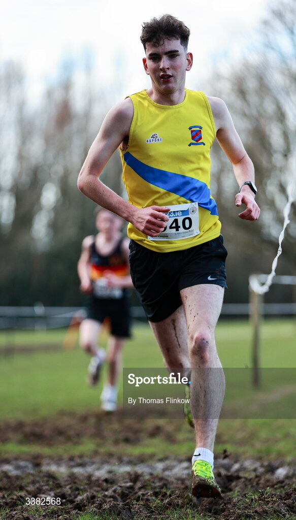 7 March 2026; Eoin O'Grainne of St. Mary's Diocesan School, Louth, competes in the senior boys event during the 123.ie All Ireland Schools’ Cross Country Championships at Mallusk Playing Fields in Newtownabbey, Antrim. Photo by Thomas Flinkow/Sportsfile