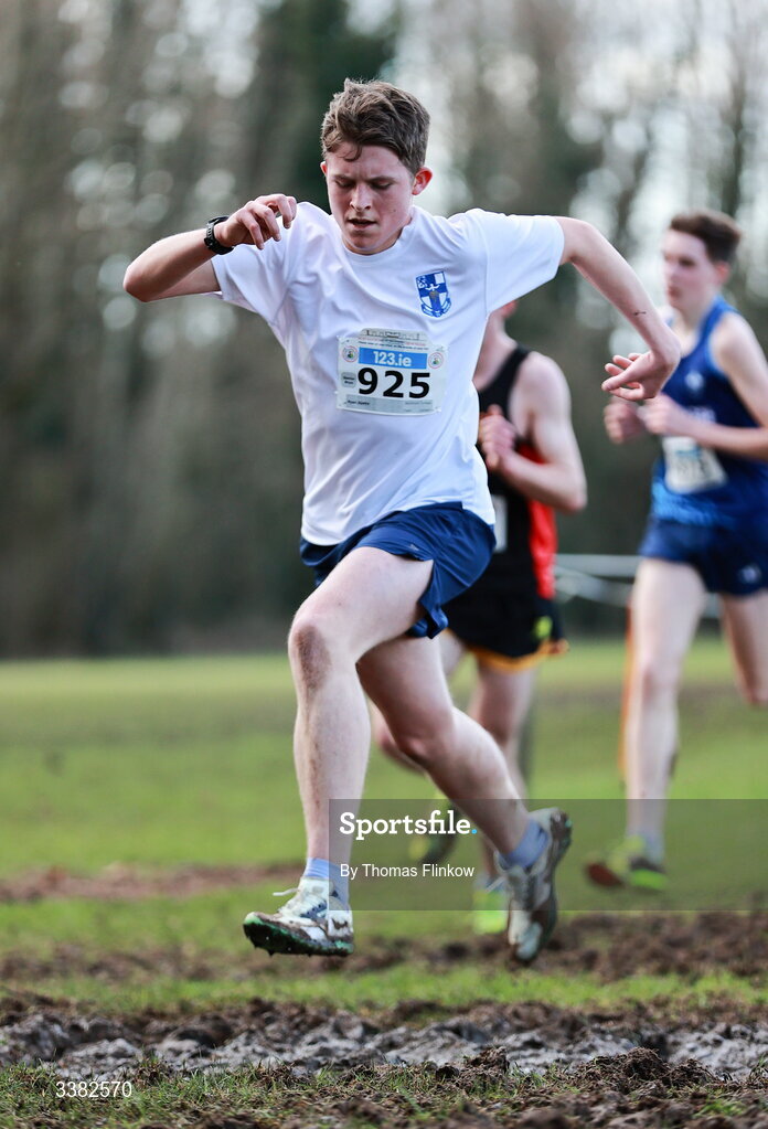 7 March 2026; Ryan Duffy of Blackrock College, Dublin, competes in the senior boys event during the 123.ie All Ireland Schools’ Cross Country Championships at Mallusk Playing Fields in Newtownabbey, Antrim. Photo by Thomas Flinkow/Sportsfile