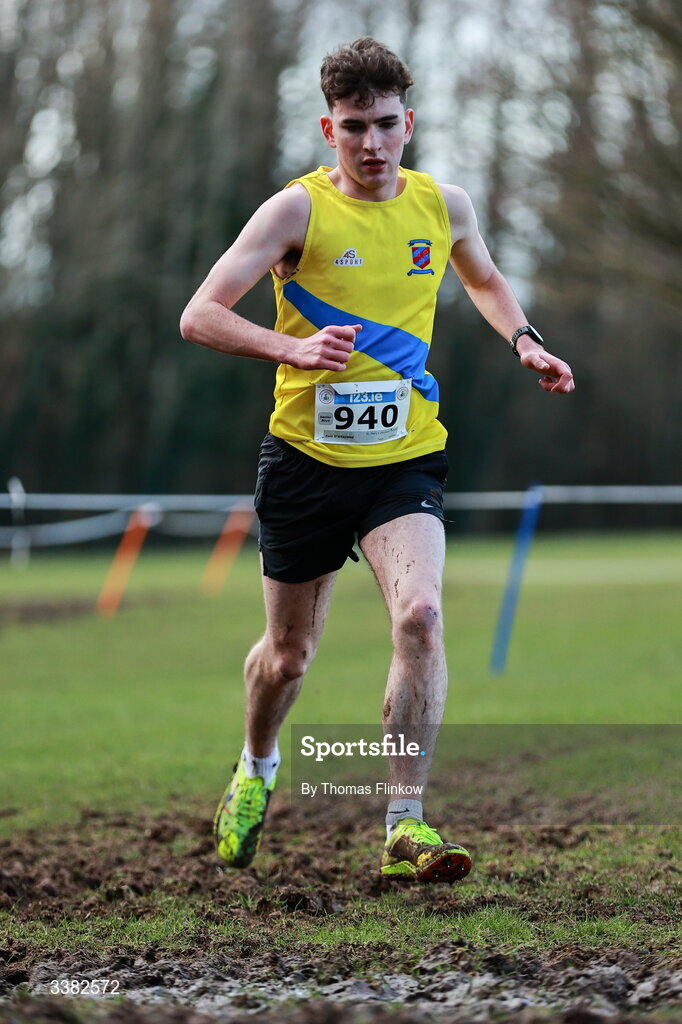 7 March 2026; Eoin O'Grainne of St. Mary's Diocesan School, Louth, competes in the senior boys event during the 123.ie All Ireland Schools’ Cross Country Championships at Mallusk Playing Fields in Newtownabbey, Antrim. Photo by Thomas Flinkow/Sportsfile