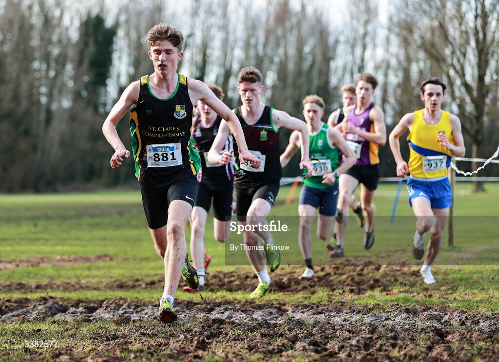 7 March 2026; Lucas Lyons of St Clares Comprehensive Manorhamilton, Leitrim, 881, competes in the senior boys event during the 123.ie All Ireland Schools’ Cross Country Championships at Mallusk Playing Fields in Newtownabbey, Antrim. Photo by Thomas Flinkow/Sportsfile