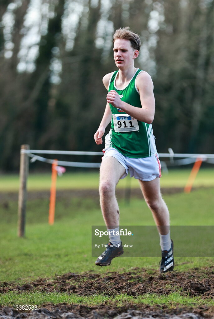7 March 2026; Kevin Looney of St Brendans College Killarney, Kerry, competes in the senior boys event during the 123.ie All Ireland Schools’ Cross Country Championships at Mallusk Playing Fields in Newtownabbey, Antrim. Photo by Thomas Flinkow/Sportsfile