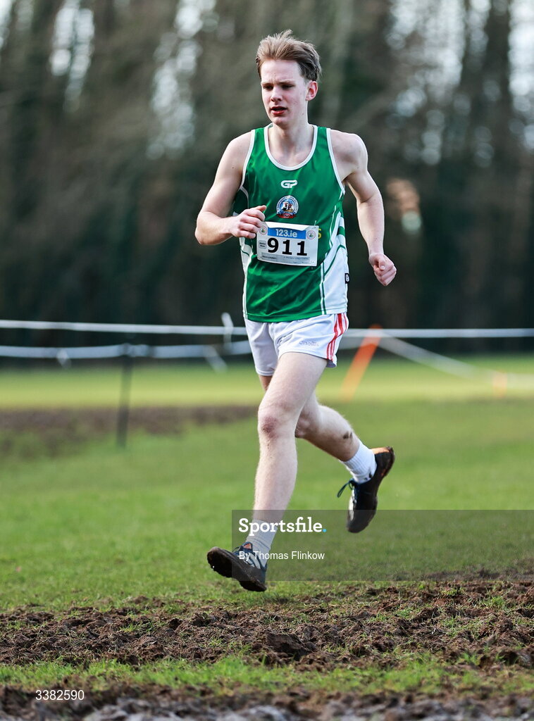 7 March 2026; Kevin Looney of St Brendans College Killarney, Kerry, competes in the senior boys event during the 123.ie All Ireland Schools’ Cross Country Championships at Mallusk Playing Fields in Newtownabbey, Antrim. Photo by Thomas Flinkow/Sportsfile