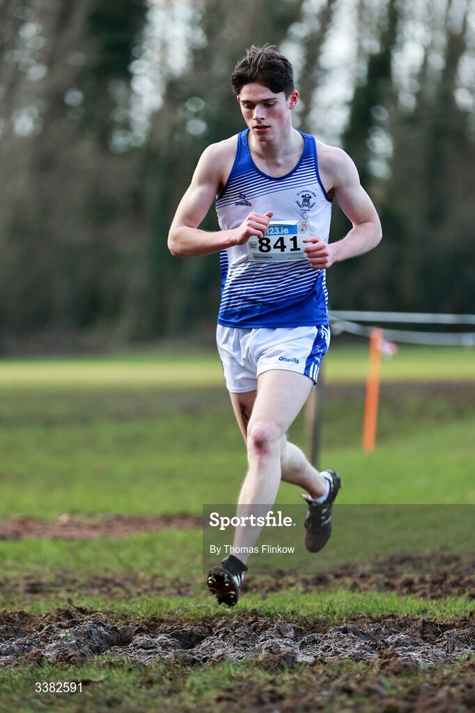 7 March 2026; Cathal Dorrian of St Colmans Newry, Antrim, competes in the senior boys event during the 123.ie All Ireland Schools’ Cross Country Championships at Mallusk Playing Fields in Newtownabbey, Antrim. Photo by Thomas Flinkow/Sportsfile