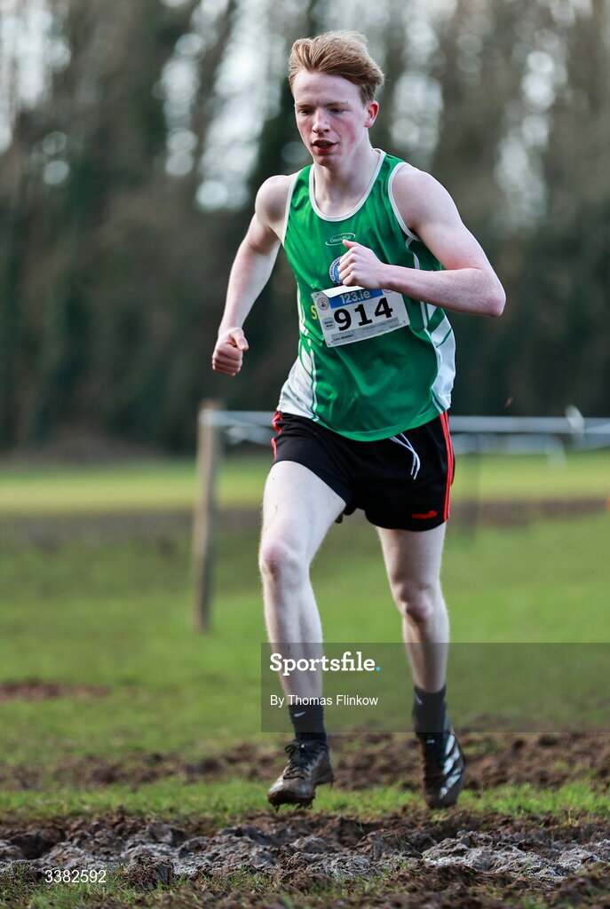 7 March 2026; Liam Murphy of St Brendans College Killarney, Kerry, competes in the senior boys event during the 123.ie All Ireland Schools’ Cross Country Championships at Mallusk Playing Fields in Newtownabbey, Antrim. Photo by Thomas Flinkow/Sportsfile