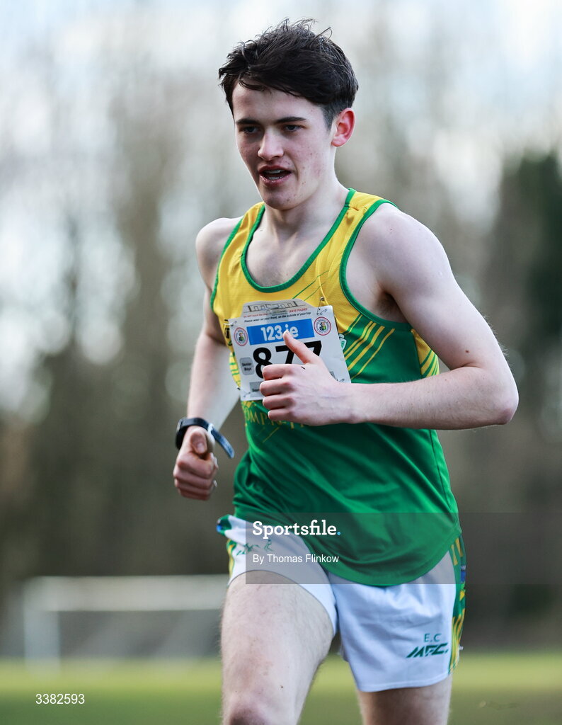 7 March 2026; Sean Brady of St Clares Comprehensive Manorhamilton, Leitrim, competes in the senior boys event during the 123.ie All Ireland Schools’ Cross Country Championships at Mallusk Playing Fields in Newtownabbey, Antrim. Photo by Thomas Flinkow/Sportsfile