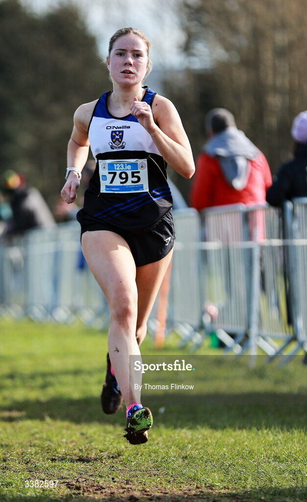 7 March 2026; Cara McDermott of Our Lady and St Pats Knock, Antrim, competes in the senior girls event during the 123.ie All Ireland Schools’ Cross Country Championships at Mallusk Playing Fields in Newtownabbey, Antrim. Photo by Thomas Flinkow/Sportsfile