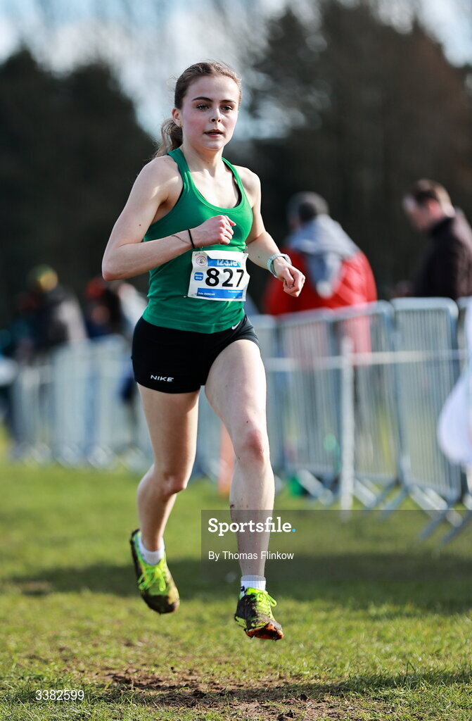 7 March 2026; Isla Duncan of The Institute of Education, Dublin, competes in the senior girls event during the 123.ie All Ireland Schools’ Cross Country Championships at Mallusk Playing Fields in Newtownabbey, Antrim. Photo by Thomas Flinkow/Sportsfile