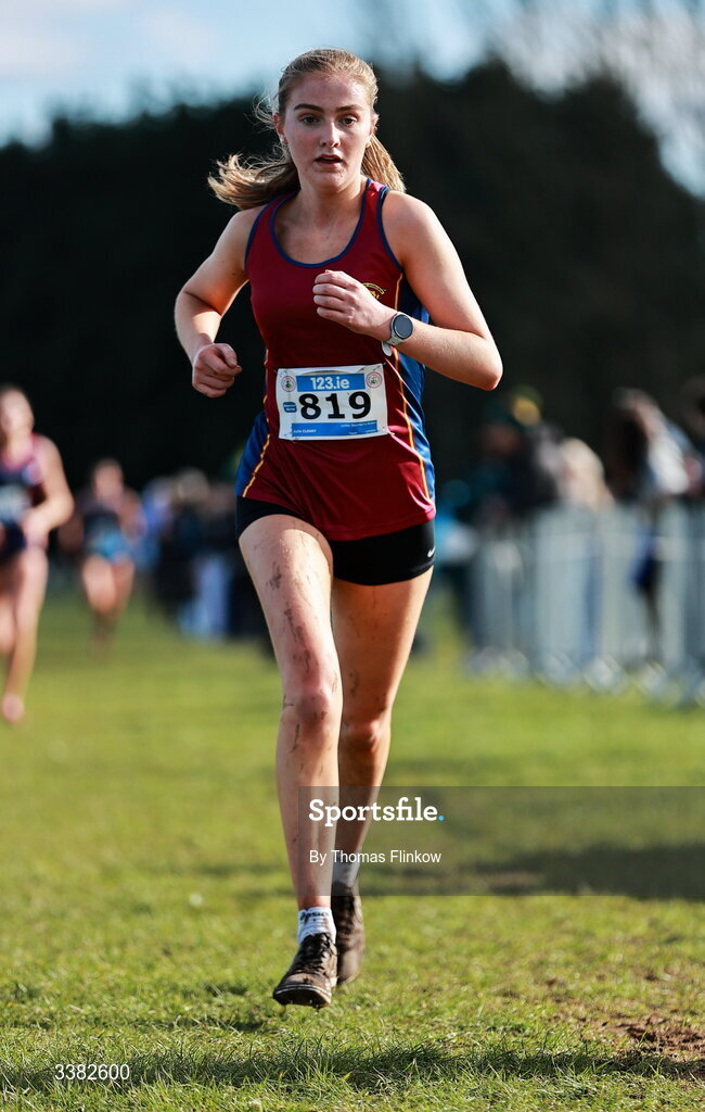 7 March 2026; Julie Cleary of Loreto Stephen's Green, Dublin, competes in the senior girls event during the 123.ie All Ireland Schools’ Cross Country Championships at Mallusk Playing Fields in Newtownabbey, Antrim. Photo by Thomas Flinkow/Sportsfile